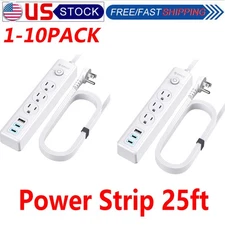 3 Outlet USB Surge Protector Power Strip Grounded Flat Plugs Extension Cord 25ft