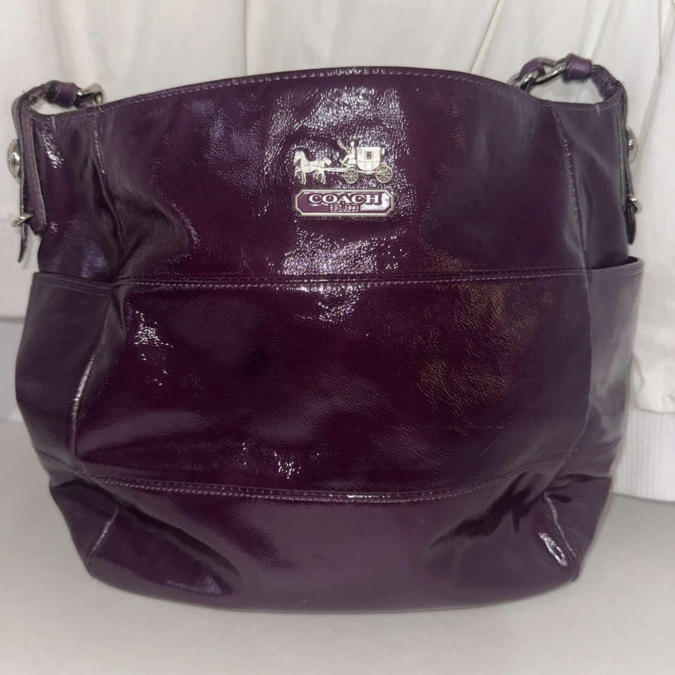 COACH MADISON TRIBECA PURPLE PLUM Patent LEATHER HOBO Signature PURSE BAG Tote  - Image 3 of 4