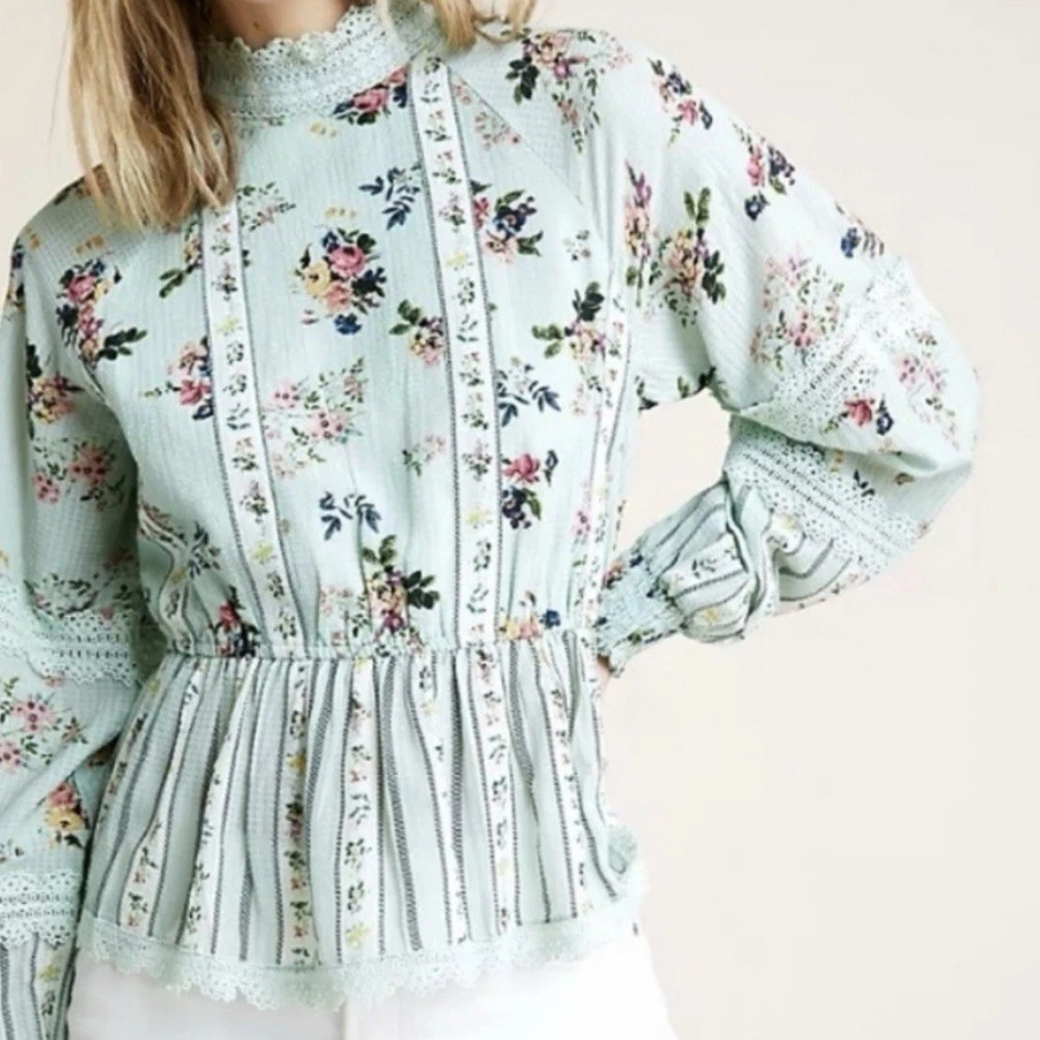 Блузка кружевная с цветочным узором Anthropologie Hemant & Nandita Amour размер XL Cottagecore Prairie - Изображение 2 из 4