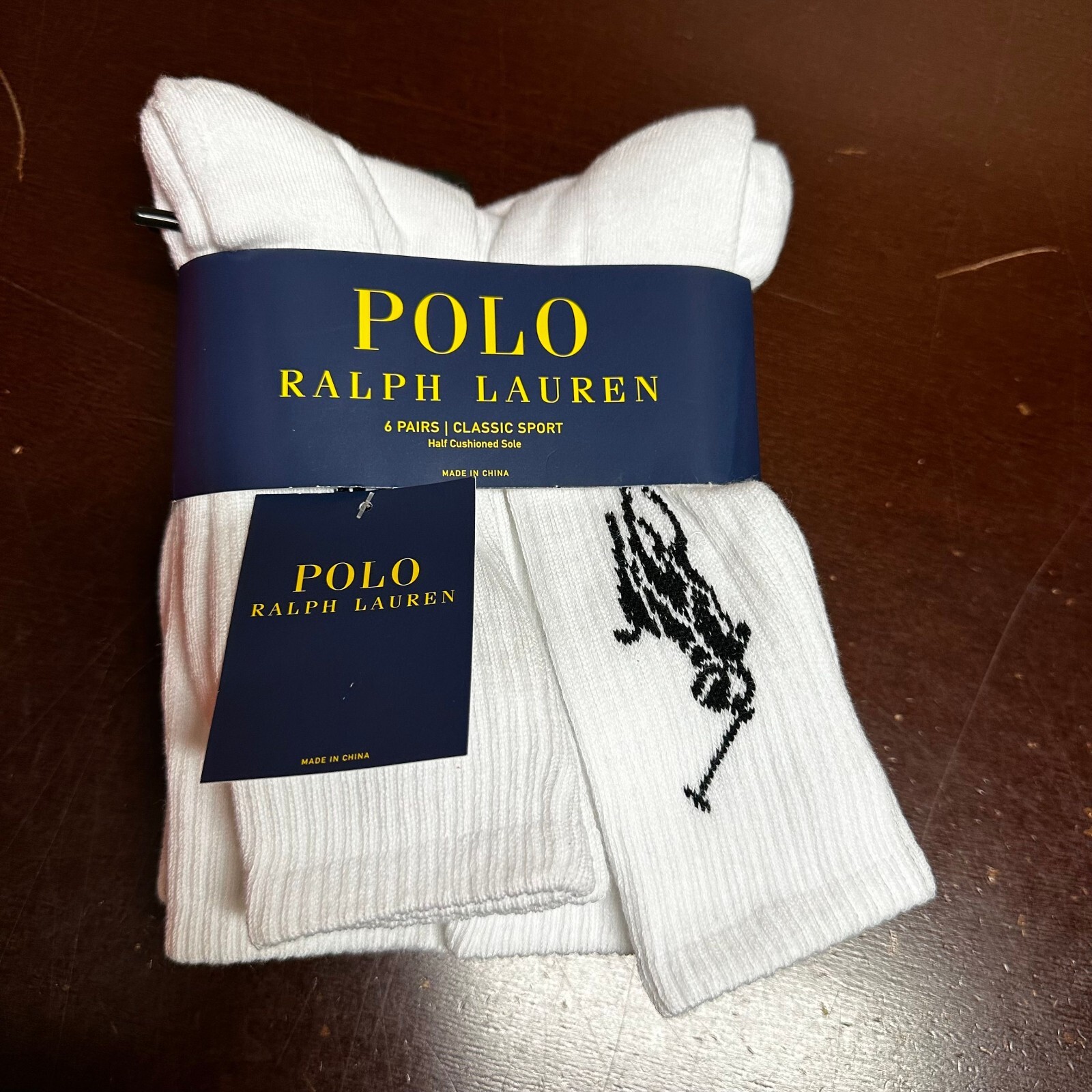 SAOLA Polo Ralph Lauren da uomo suola bianca mezza imbottita 6 paia calze sportive classiche OS