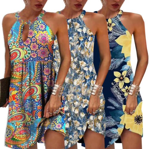 Womens Halter Neck Mini Tank Dress Ladies Sleeveless Summer Holiday Sundress US