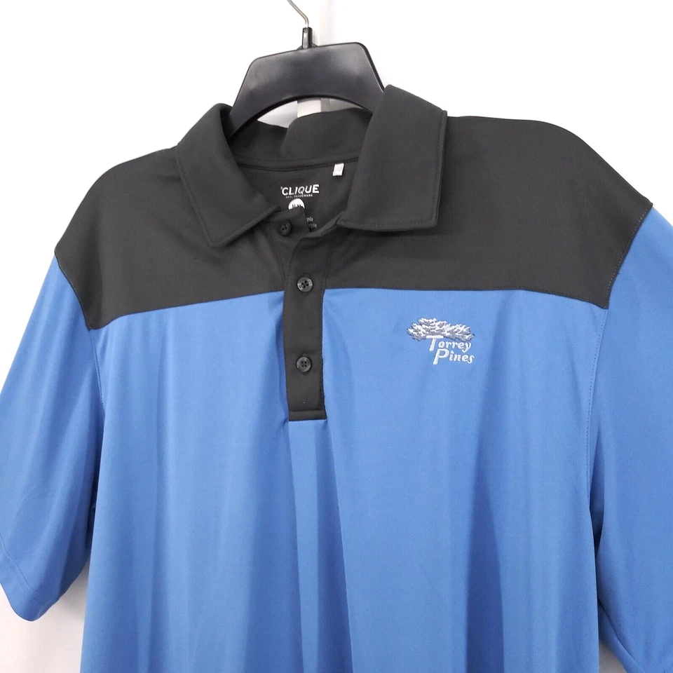 Camisa polo masculina Clique tamanho M azul preta manga curta logotipo Torrey Pines golfe - Imagem 2 de 4