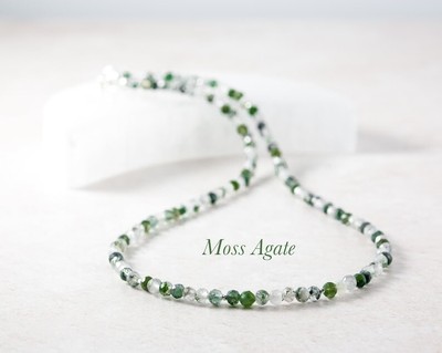 Natural Green Moss Agate Faceted Round 2-3MM Beaded 18'' Beautiful Necklace Woman