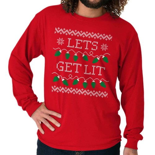 Ugly Christmas Sweater Lets Get Lit Stitch Long Sleeve Tshirt for Men or Women - 第 10/11 張圖片