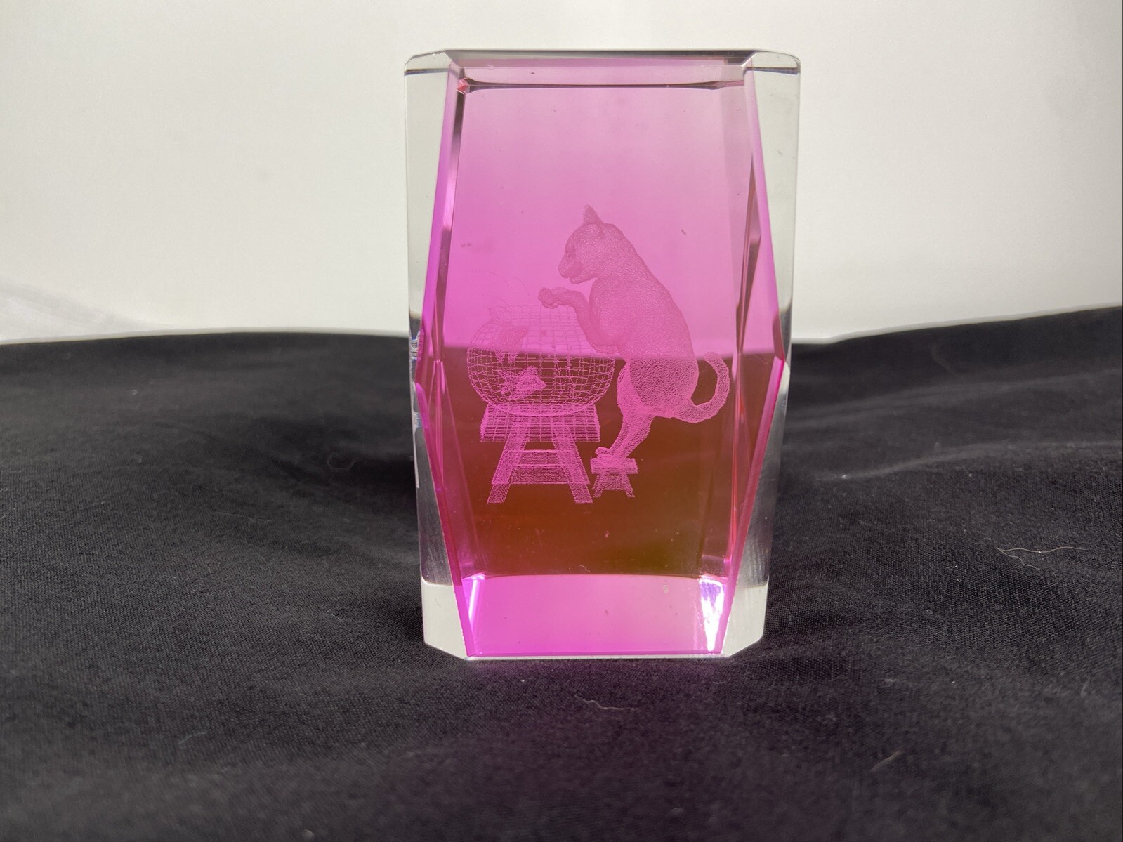 CAT & FISHBOWL Laser Etched Crystal Glass PAPERWEIGHT Holographic 3
