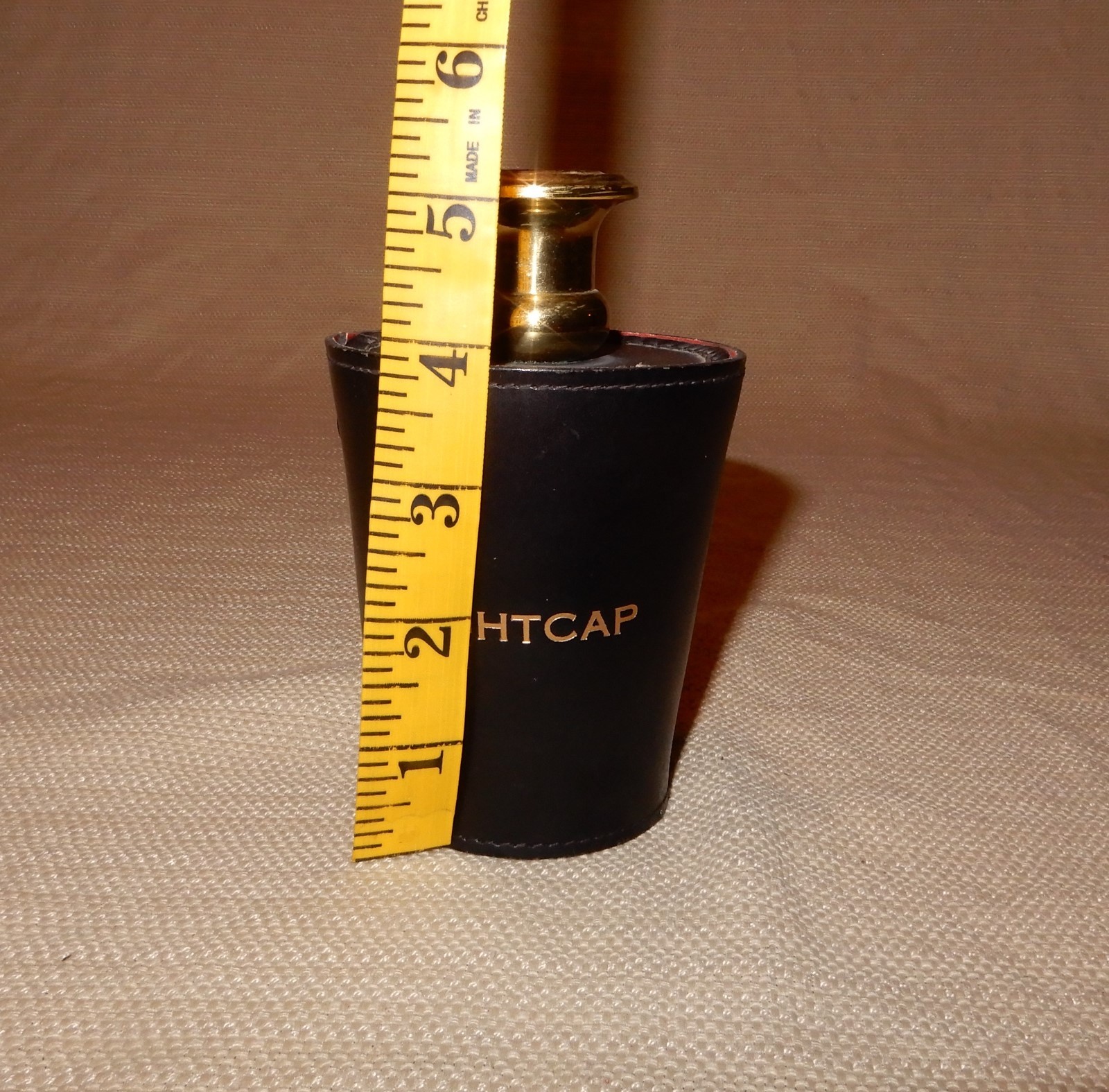 Vintage leather nightcap cup taper candle holder w/ shot glass England