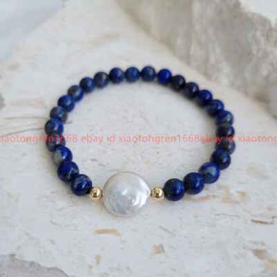 Natural Lovely 6mm Blue Lapis Lazuli 11-12mm White Coin Pearl Gems Bracelet 7-9''