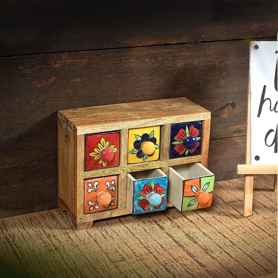 Caja de madera artesanal con cajones de cerámica para sobremesa artículo decorativo 1 pieza Foto 3 de 4