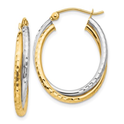 Real 14kt Two-tone Diamond-cut Polished Oval Hoop Earring