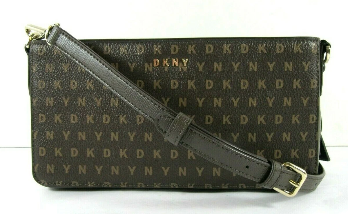 DKNY NWT 228 Brown Paris Top Zip Small Leather Crossbody Hand Bag Pebble Gold