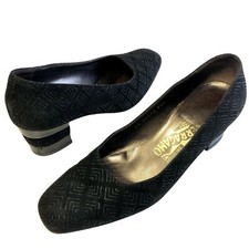 Salvatore Ferragamo Black SUEDE GEOMETRIC Leather SHIMMER Pumps Heels 7.5 1/2 B