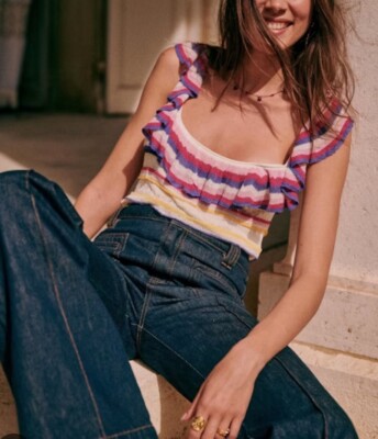 Sezane Top Oberteil Leya Streifen Bunt Rüschen Sommer Gr.XS