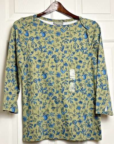 NWT Style & Co Women's S Pima Table 100% Cotton 3/4 Sleeve Green Floral