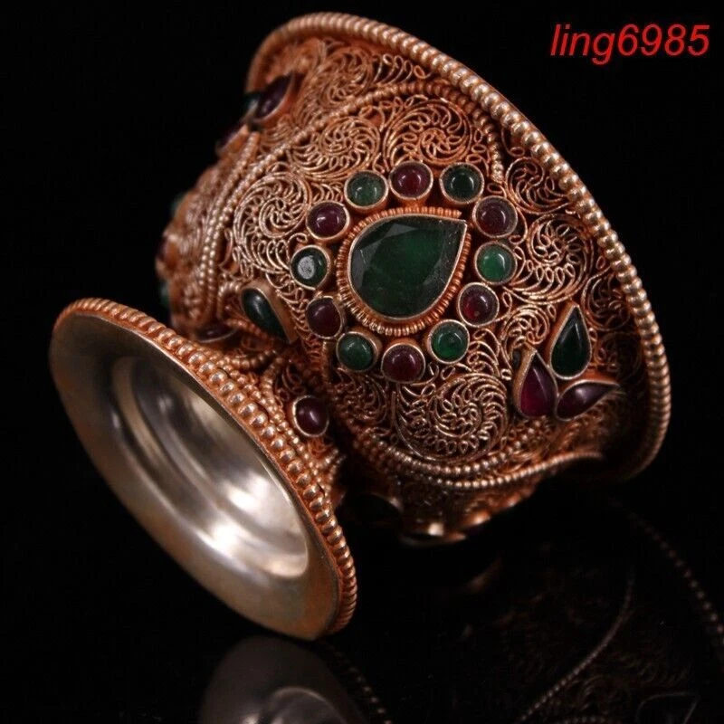 Antigua dinastía tibetana plata filigrana incrustación gema taza de té tazón cuencos estatua Foto 4 de 4