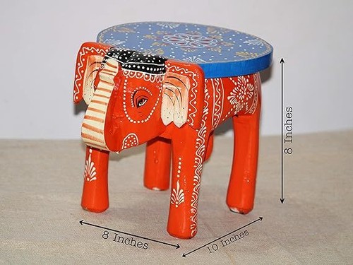 Handcrafted Hand-Painted Colorful Wooden Elephant Stool 22 Centimeters Rose Gold - Picture 19 of 27