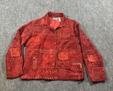 VTG Chicos Design Womens Button Blouse Red Sz 1 Silk Patchwork Embroidered
