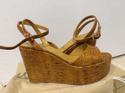 Sergio Rossi 7.5 38 Cork Effect Platform Wedge Ankle Strap Sandals