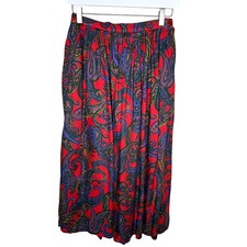 Vintage 70s 80s Red Paisley Pleated Midi-Length Skirt, Size 6