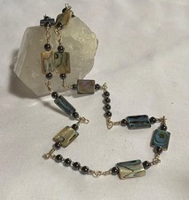 Beautifully Handcrafted Sterling Silver Wire & Abalone & Onyx Bead 18” Necklace