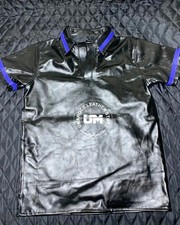 Men’s Black Genuine Leather Polo Shirt Short Sleeve Glossy Finish Blue Trim