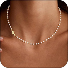 Gold Cross Pearl Layered Necklace for Women - Dainty Cross Pendant Necklace Chok