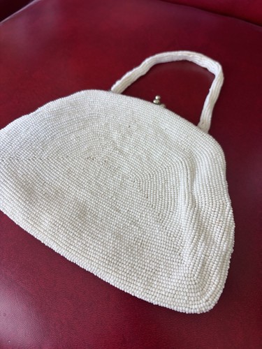Vintage Bag Clutch Evening Purse Handbag Formal White Seed Bead Floral Pink Blue - Bild 5 von 14