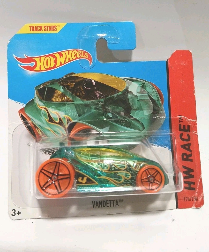 RARE 2014 HOT WHEELS VANDETTA #174 TRANS GREEN VARIANT ORANGE WHEELS 