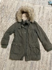 DKNY Olive Fur Trim Hooded Parka Jacket Zip Button Women's Size M