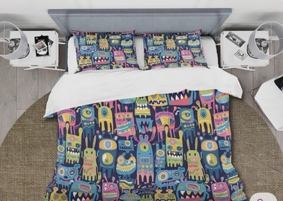 Cartoon Friendly Monster Colorful Quilt Children s Duvet Cover Set- TWIN Size
