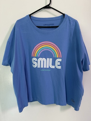 LIFE IS GOOD Damen T-Shirt Rainbow Smile hellblau kastig XXL