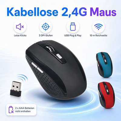 Funkmaus Kabellose 2,4GHz Schwarz Rot Blau Leise USB Wireless Mouse PC Laptop