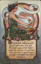 HERE'S TO OUR COOK Beautiful Woman Cooking ART DECO Antique Postcard