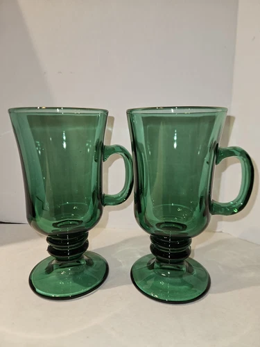 Set of  2 Vintage Libbey Juniper Green Glass Footed Irish Coffee Mugs Gold Rims