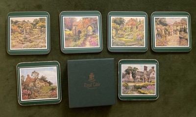 Royal Table Cottage Garden Coasters England Satin Finish Cork Back Original Box