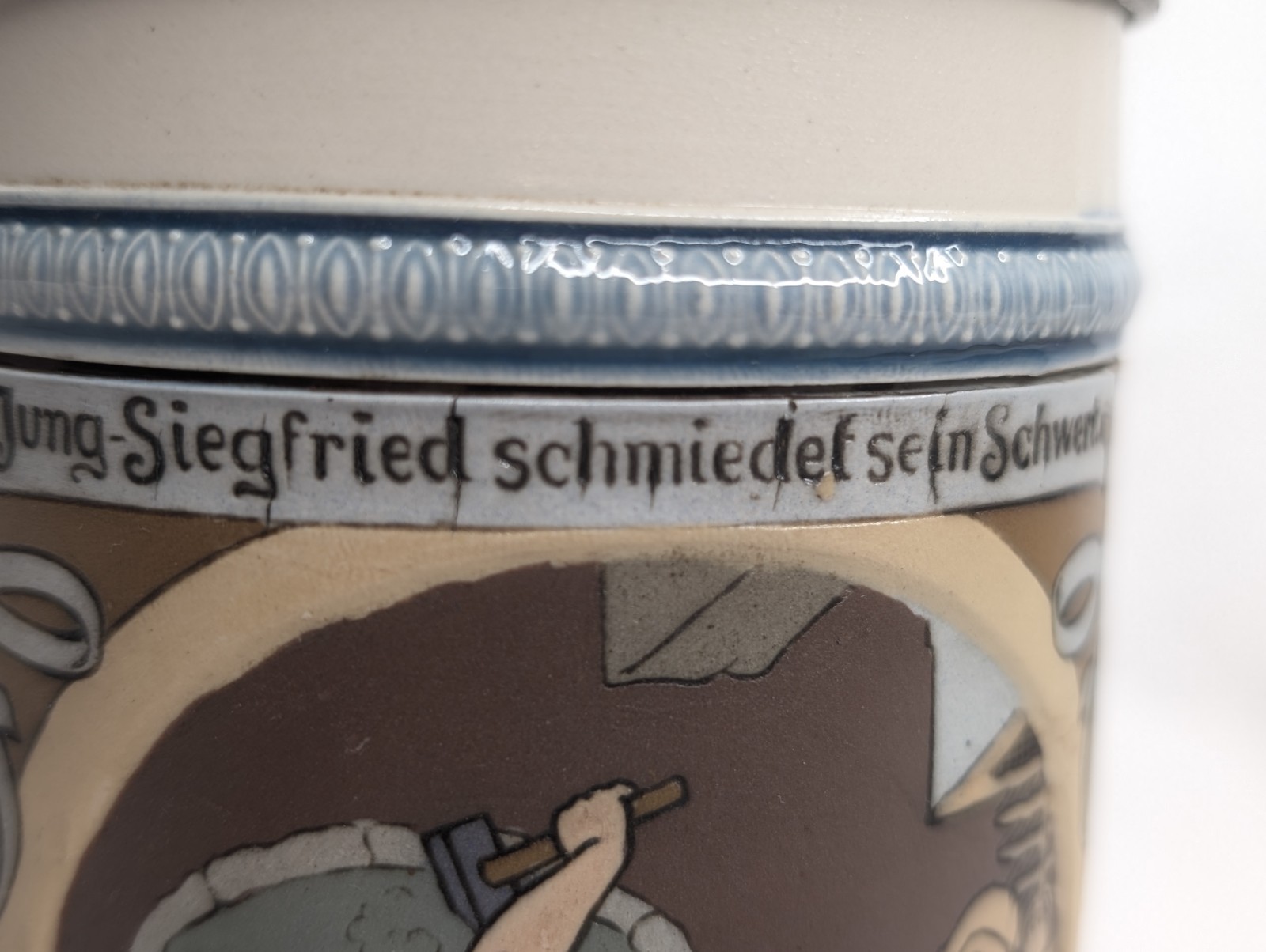 Mettlach Stein No. 2394. “Three Scenes from Siegfried's Youth" .5L, inlaid lid