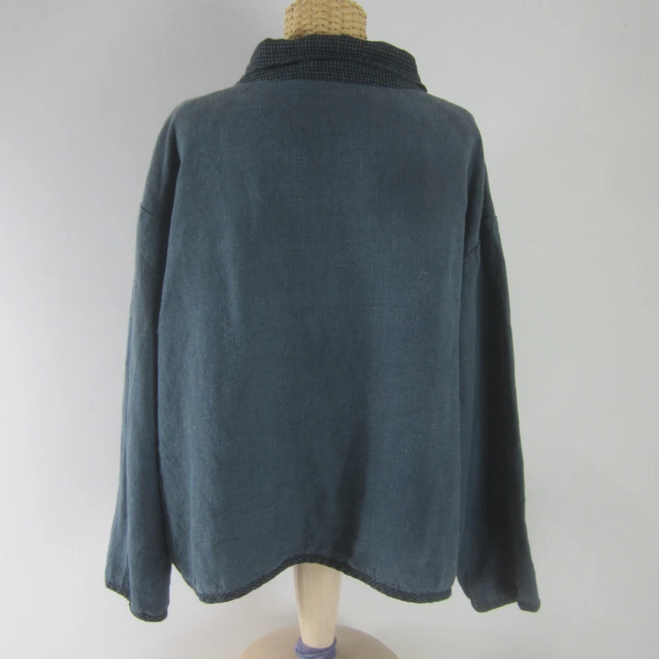 Bryn Walker Womens L Heavy Linen Jacket Steel Blue Herringbone Trim Pockets USA - Image 4 of 4