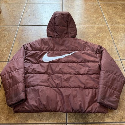 Nike Jacket Puffer Women Sz L Coat Therma Fit Swoosh Burgundy White DH4073-010