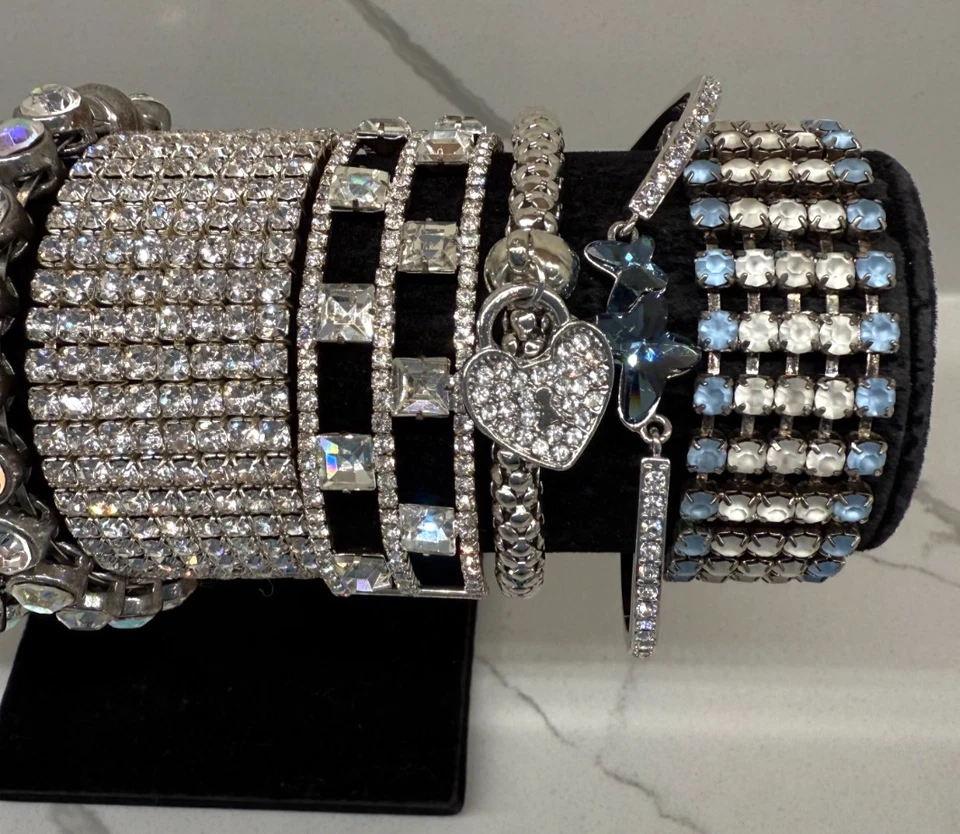 Lote de 9 piezas brazalete elástico de diamantes de imitación tono plata cristal brillante glamour Foto 3 de 4