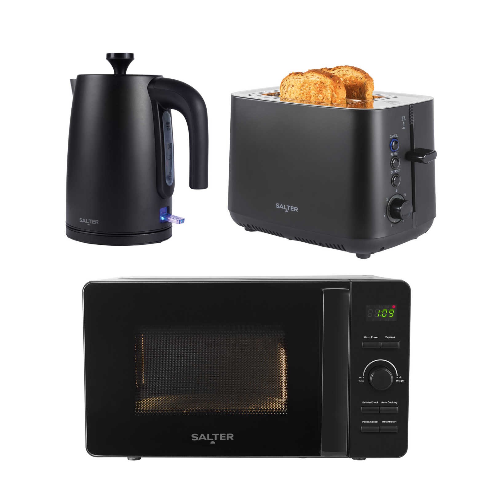 Salter Kuro Kettle, 2 Slice Toaster & 20L Microwave Set 7 Browning Levels Black