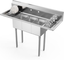 Stainless Steel Sink with 3 Compartment / 2 Sides Drain Rack 20"D x 43.5"W x 54"