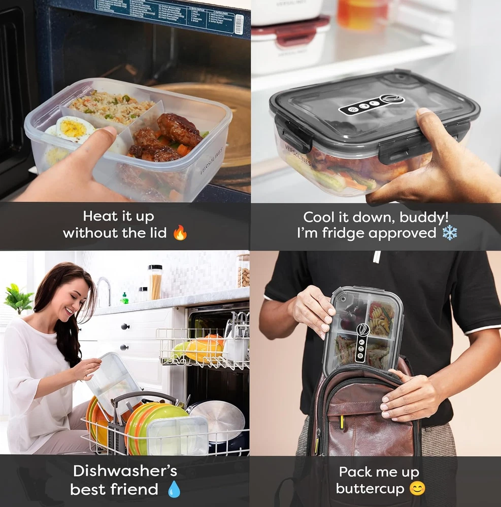 Bento Box Adult Lunch Box, 3 Compartment Meal Prep Containers with Lids, Clear L