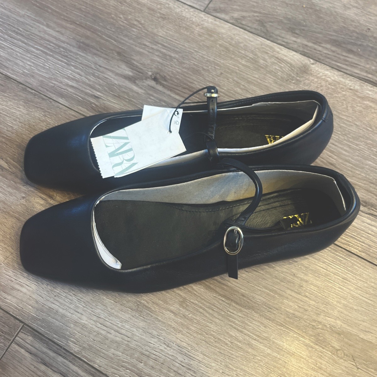 Zara Black 100% Leather Ballet Flats with Strap -Size US 7.5 Zara Black 100% Leather Ballet Flats with Strap -Size US 7.5