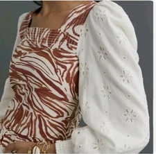 NWT Love The Label Anthropologie  Eyelet Boho Smocked Puff Sleeve Blouse Size S