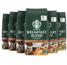 6 Pack Starbucks Breakfast Blend Whole Bean Coffee 6 Packages Light Roast 100% A