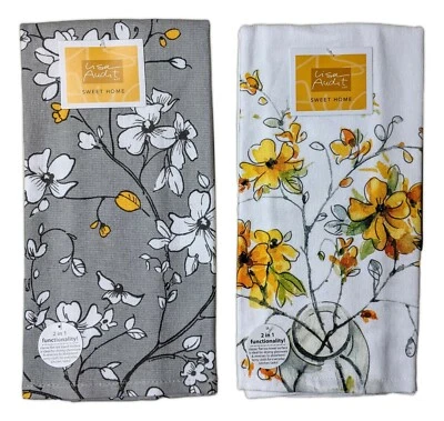 Set of 2 SWEET HOME Grey & Yellow Floral Terry Kitchen Towels by Kay Dee Designs