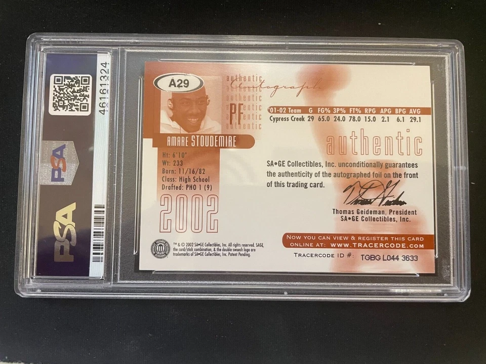 Amare Stoudemire Sage 2002 automático dorado/120 PSA población 1 solo 5 superior Foto 2 de 2