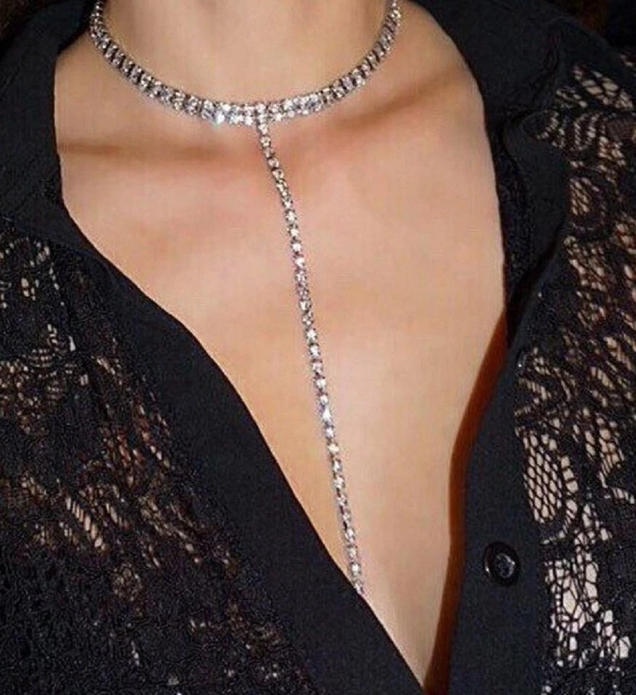 STUNNING CLEAVAGE CHOKER SILVER GOLD DIAMANTE CRYSTAL NECKLACE