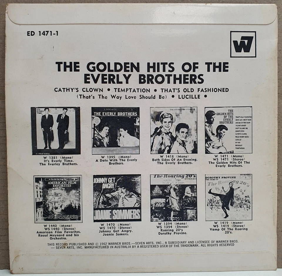 Warner Bros Reissue 45 Vinyl 7" EP The Golden Hits Of The Everly Brothers c1970 - Image 2 of 4