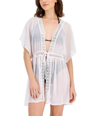Miken Women's White Crochet-Trim Solid Kimono Sheer Swim Cover-Up Size XL