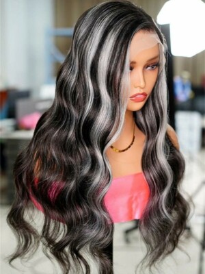 Natural Black Ombre Wig HD Front Lace Human Hair Blend Highlights  Wavy Curly